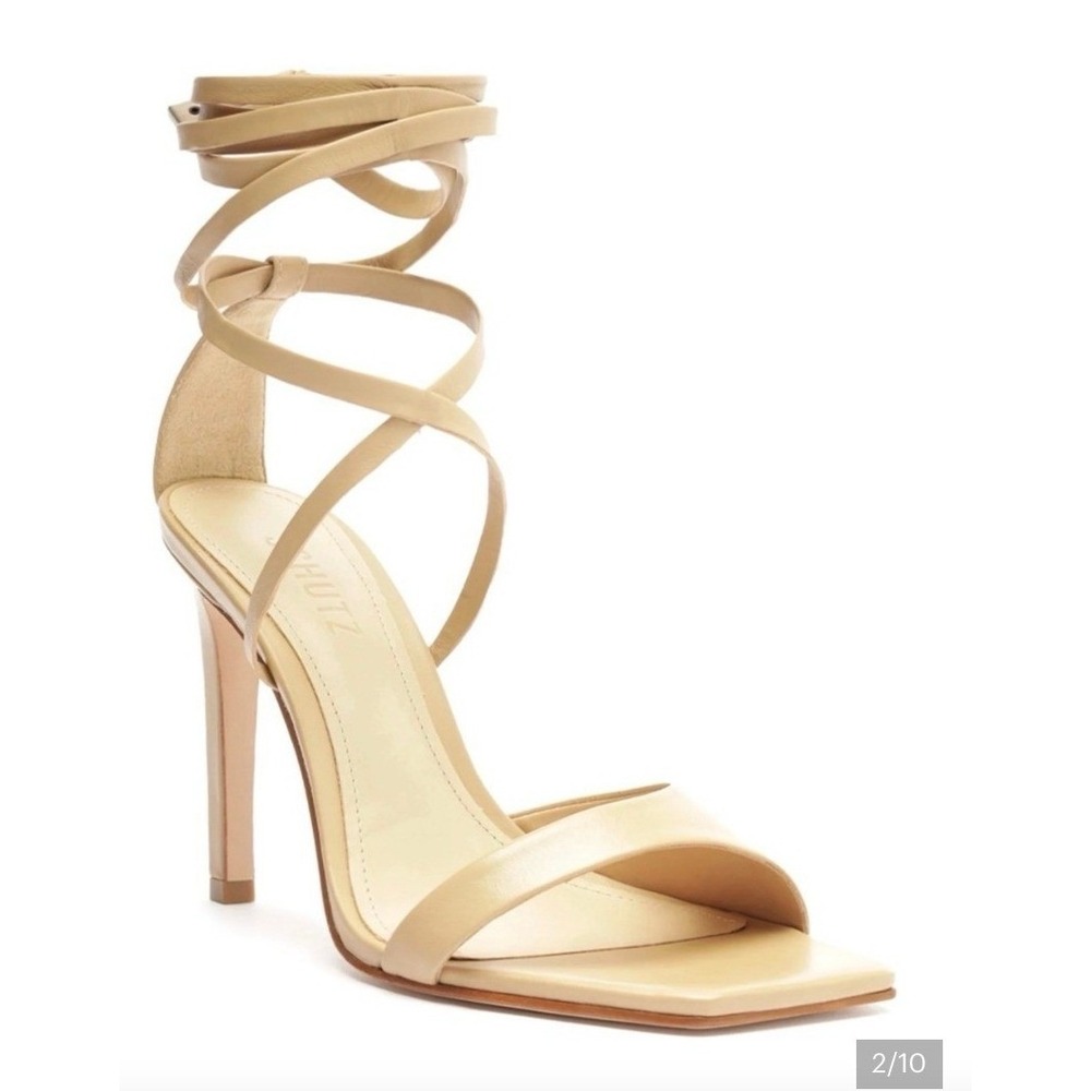 NIB Schutz Bryce Nappa Leather Ankle-Tie Heels Light Nude Square Toe W Size 5
